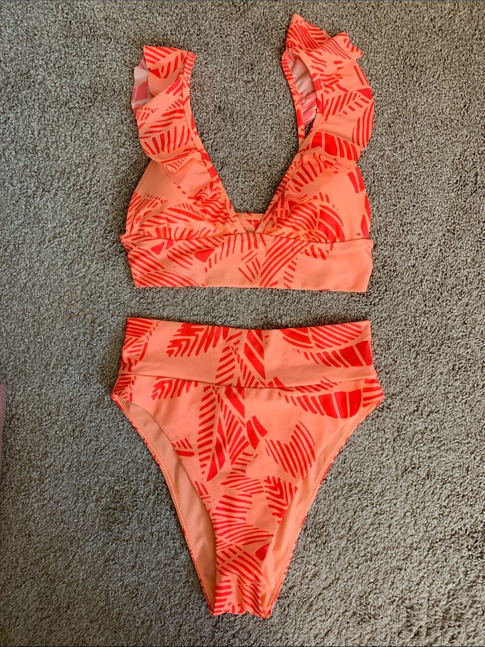 Aerie Coral Leaf-Print Triangle Bikini Top & High Cut Cheeky Bottom